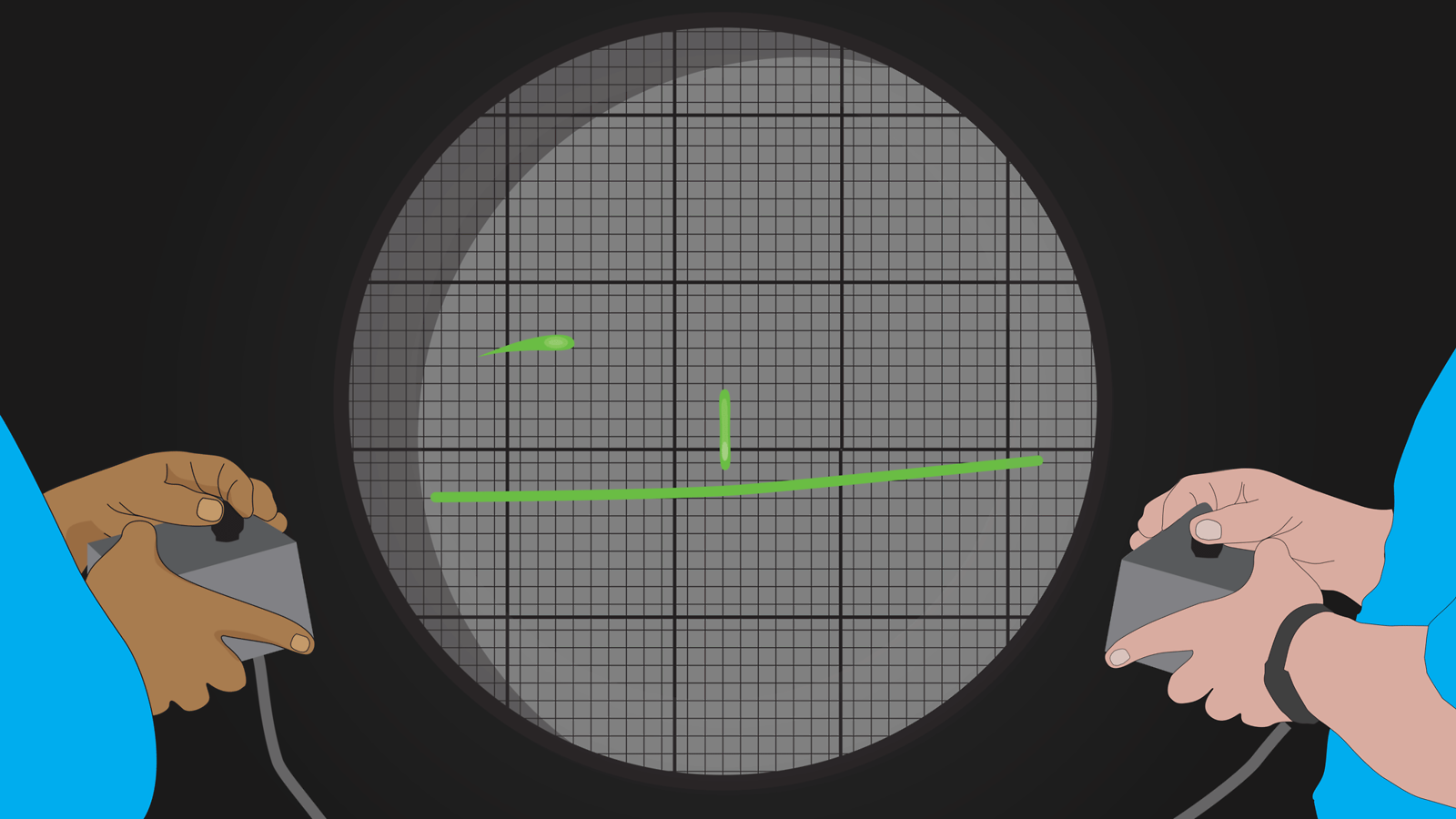 Illustration of two people playing with controllers on circular grid screen almost like pong