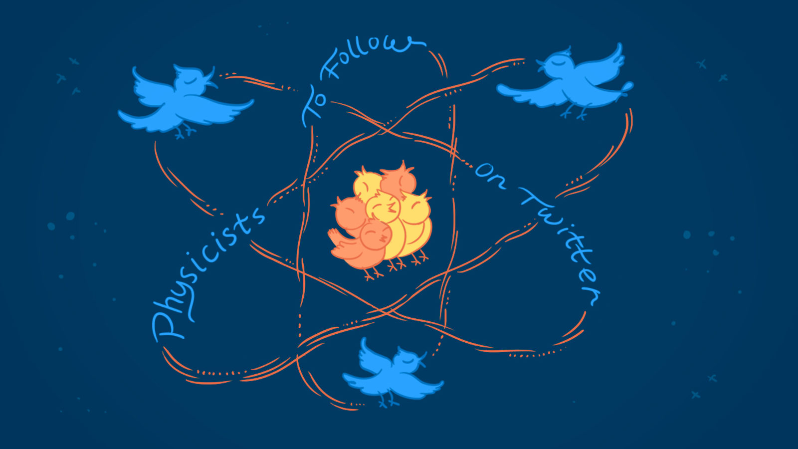 Illustration of twitter birds moving in atom movement that says "Physicists To Follow On Twitter"