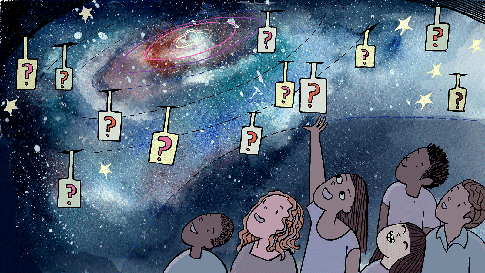Galaxy with question marks hanging from sky with kids grabbing at them 