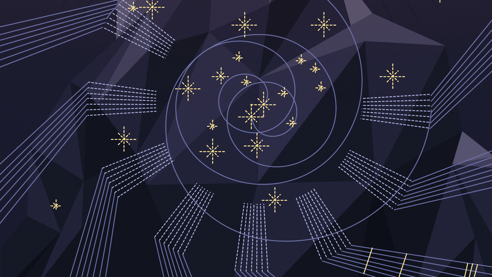 Illustration of Dark Light, medium and dark purple with light purple line work, and yellow stars 