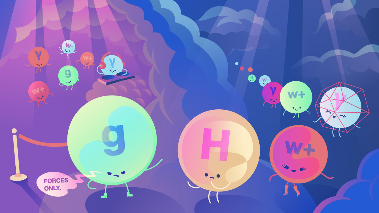 Illustration of gravity as the bouncer for a club where the Higgs doesn’t fit in with the other particles of the Standard Model