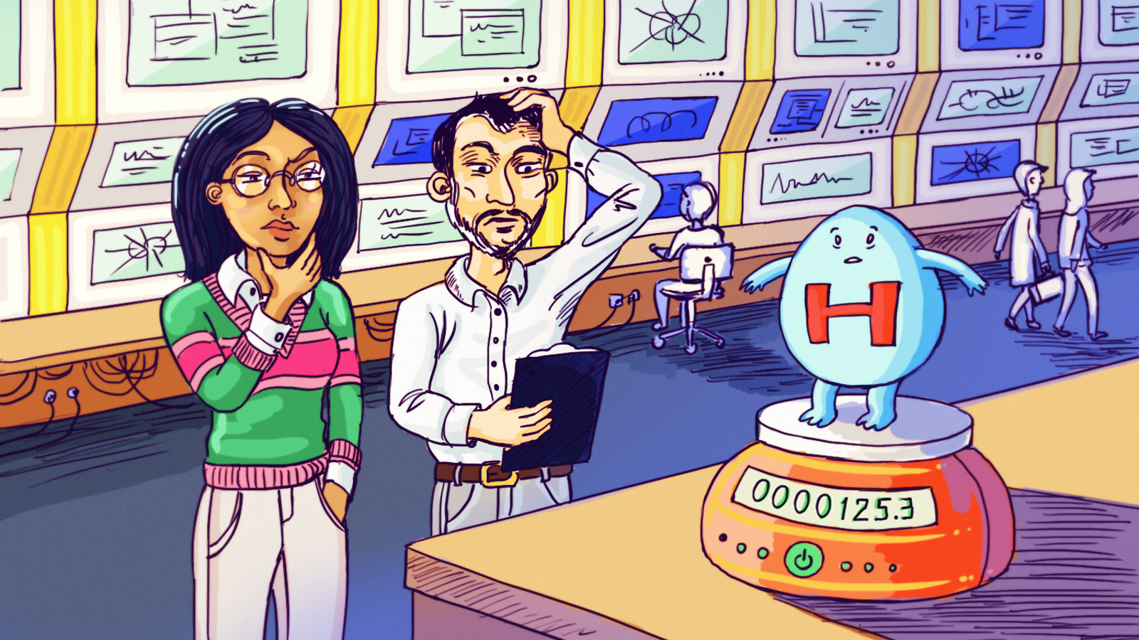 Illustration of two scientists looking confused while measuring the weight of "naturalness" 