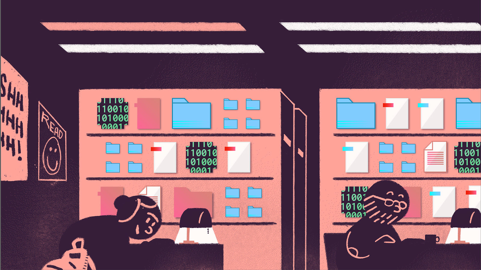 Scientists in a library of computer data