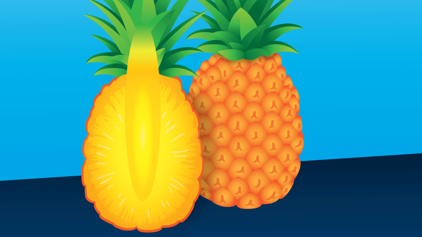Illustration of pineapple (right) pineapple cut in half (left)