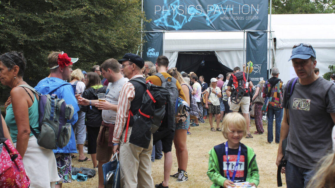 A crowd outside of the science pavilion