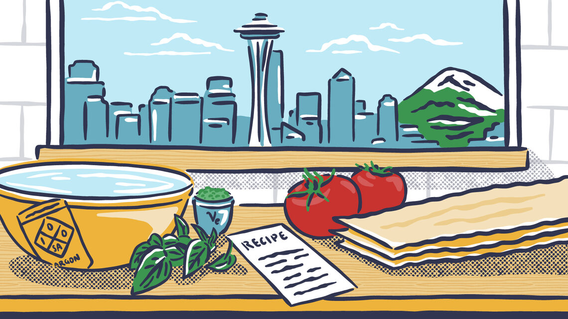 Illustration of a counter full of ingredients and a recipe