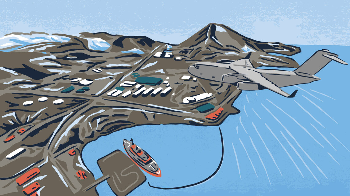 Illustration of an airplane flying over McMurdo Station