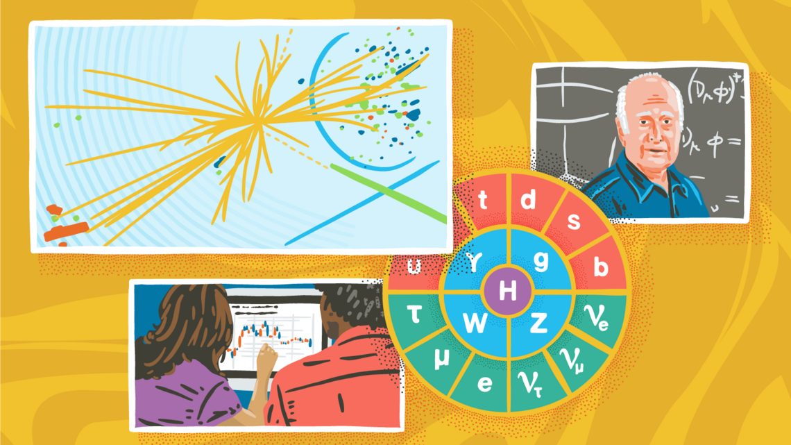 Illustration of Higgs boson, the Standard Model, Peter Higgs, and people looking over data on a computer screen