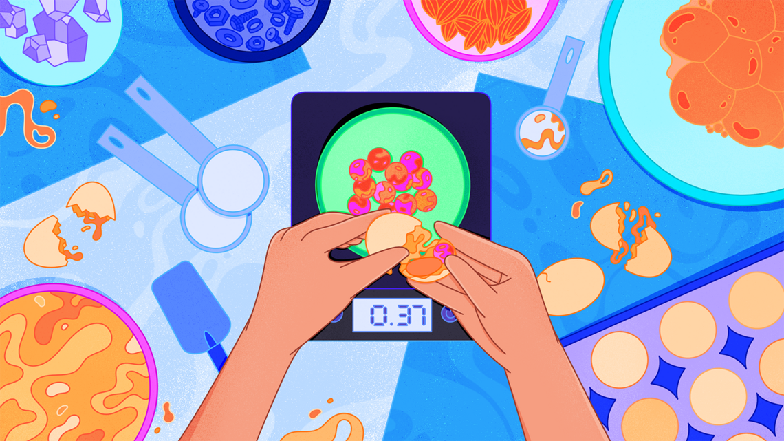 Illustration of A baking scene where a scientist is cracking open an egg and finds "radiation" in the egg