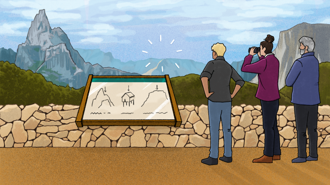 Conceptual illustration of researchers at a scenic overlook