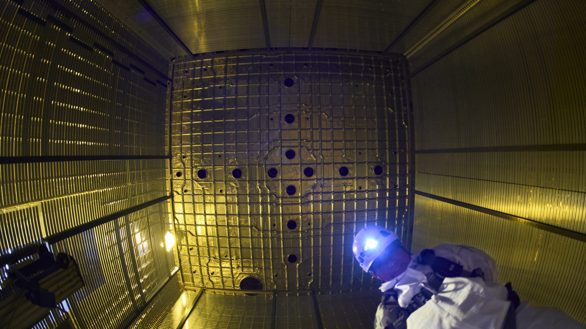 A technician with a hard hat within the detector