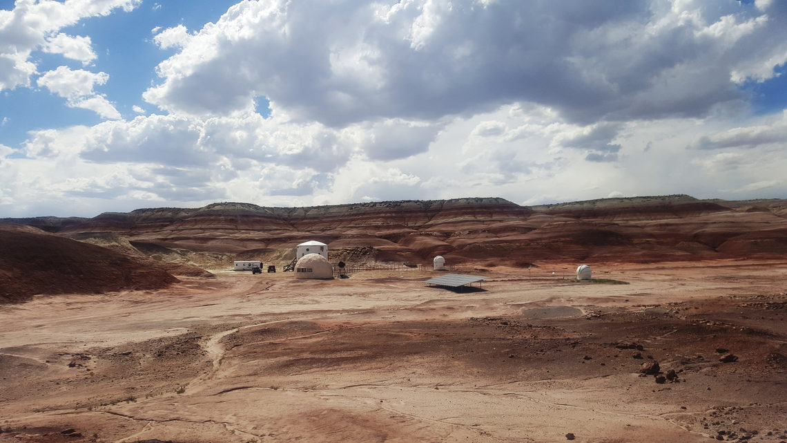 A wide exterior view of the simulated base