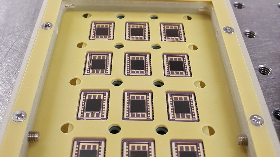 Photo of rows of chips are laid out in a grid that is four chips tall and three wide