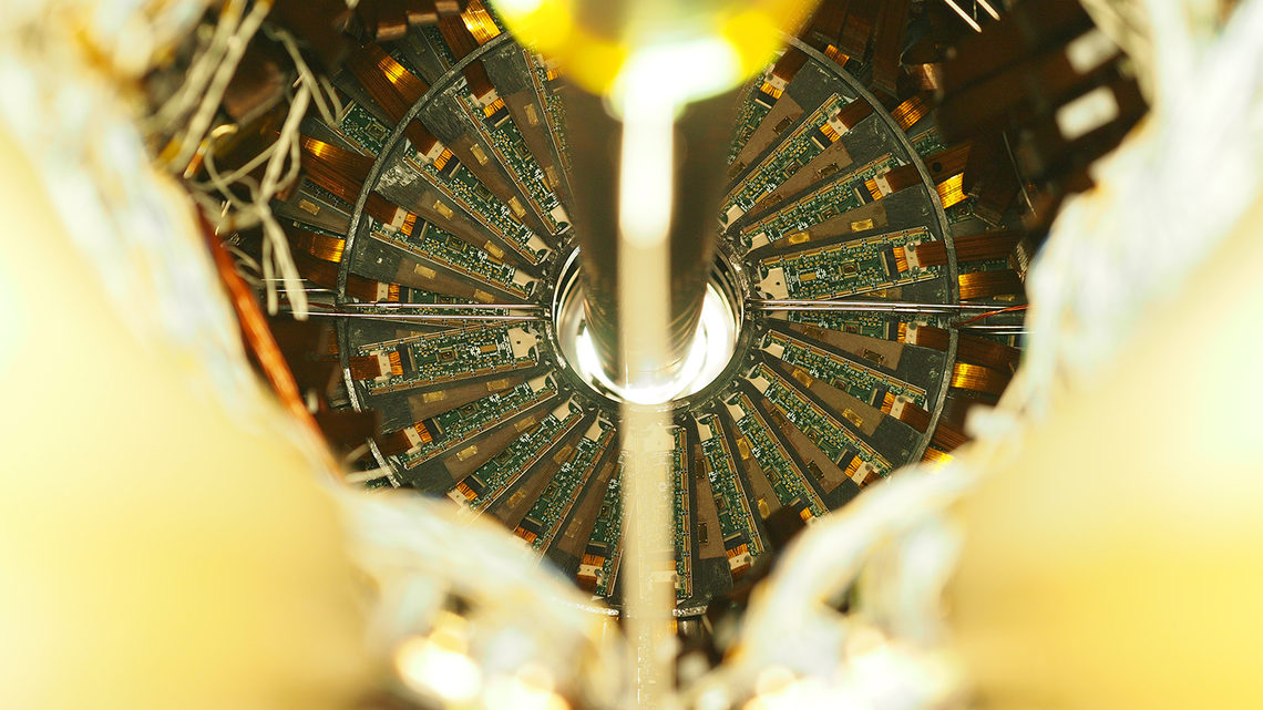 View of the inserted forward pixel module beneath the beam pipe.