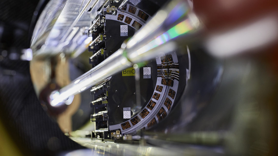 The first half-moon of the innermost part of pixel detector is slid along the beam pipe. 