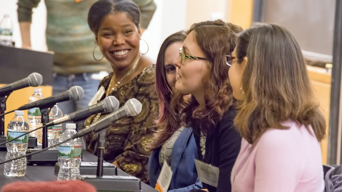 Photo of the conferences include workshops and panels featuring accomplished female physicists in a broad range of professions