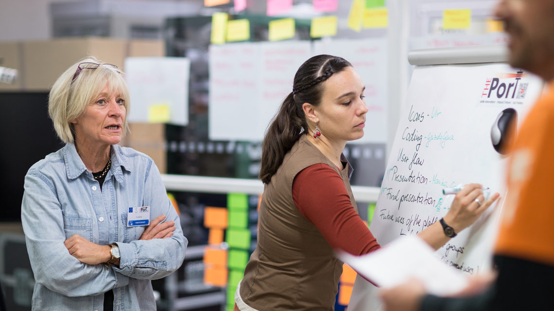 People working on large notepad brainstorming 