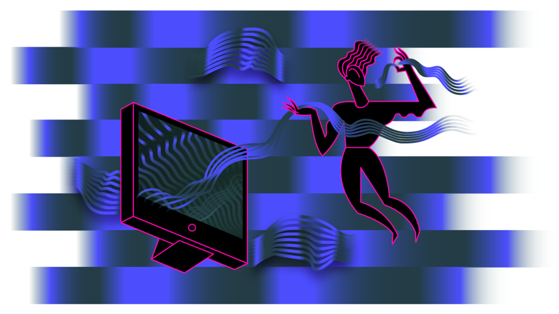 Background of black and blue bands that look like there is reverberation happening,computer screen and woman floating with waves