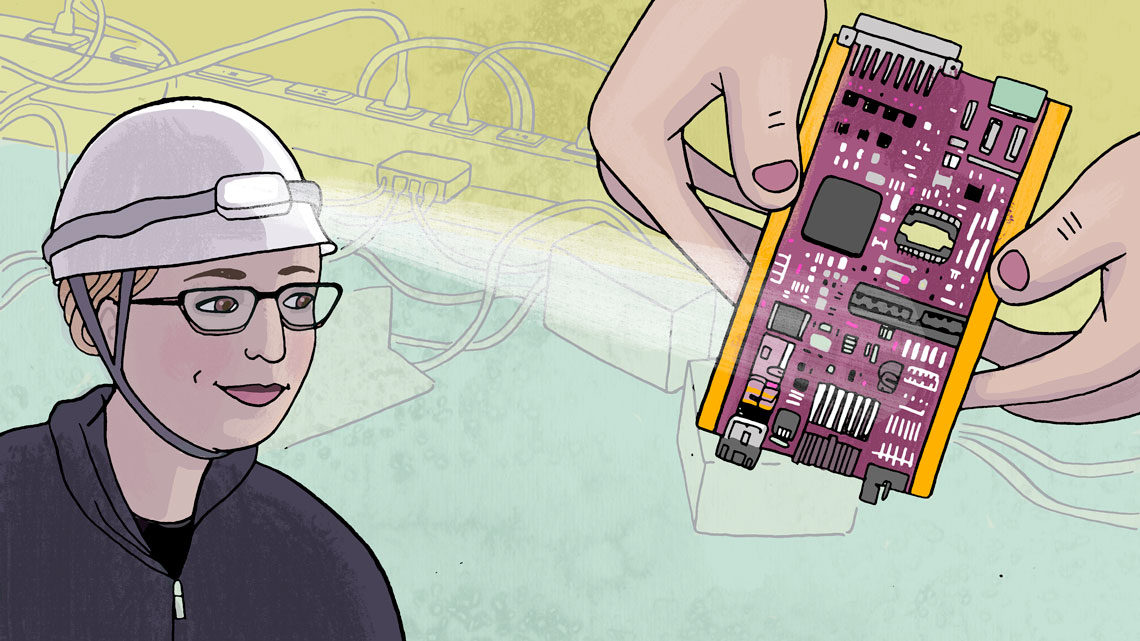 Illustration of Grace Cummings wearing a hard hat with hands holding a piece of a detector