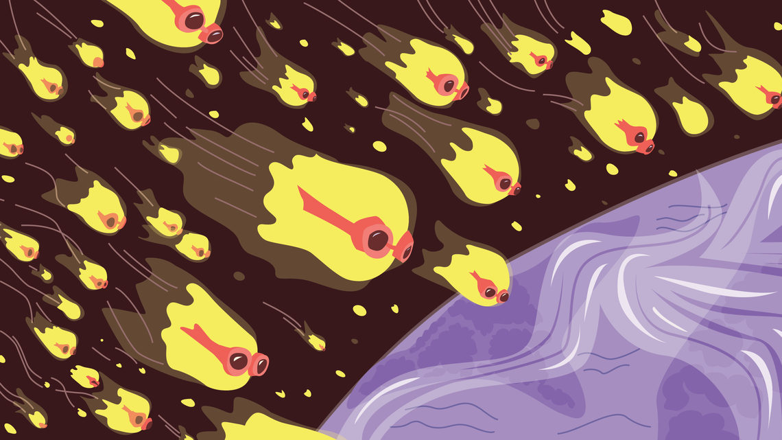 Illustration of photons producing shock waves in water or air, similar to sonic booms