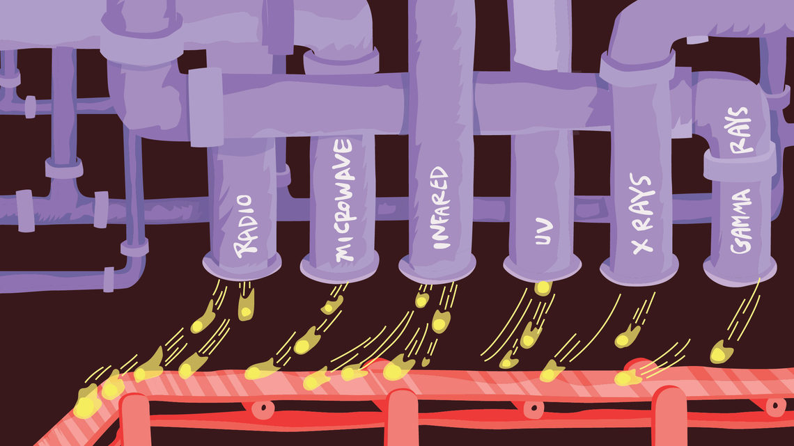 Illustration of photons from particle accelerators are used in chemistry and biology