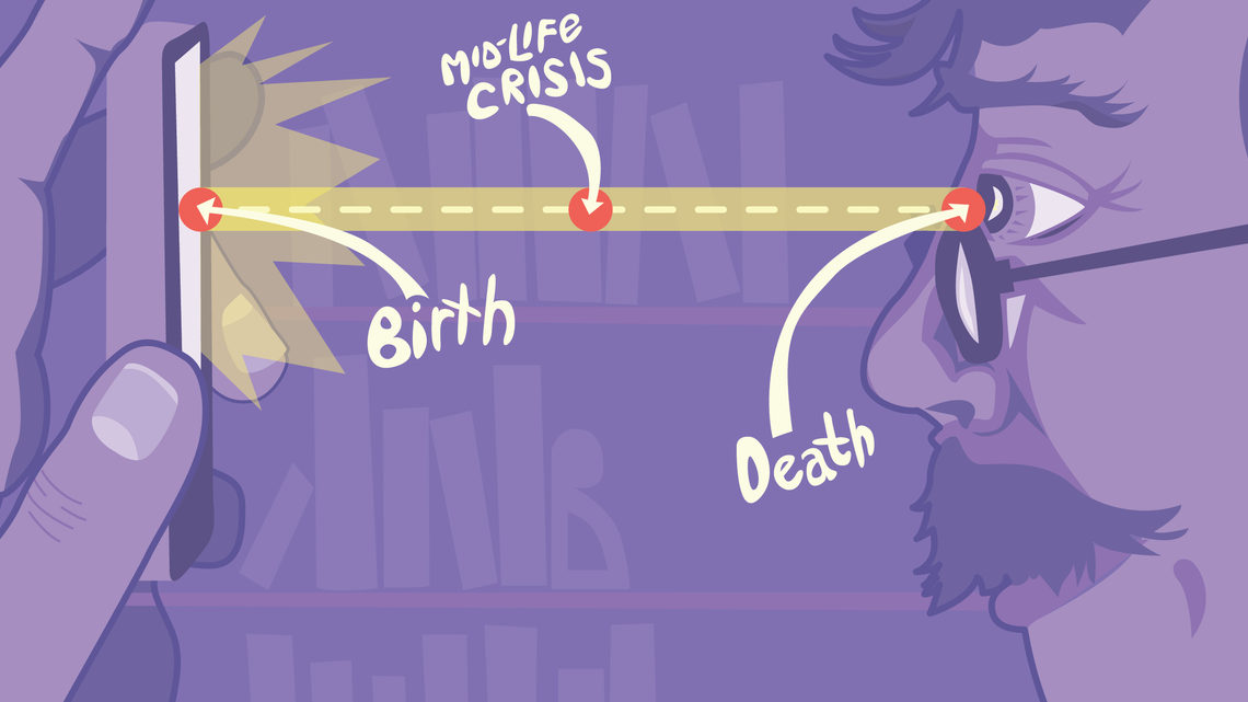 Illustration of man looking at glass photons move from his eyes hit the glass "Birth" back "Death"