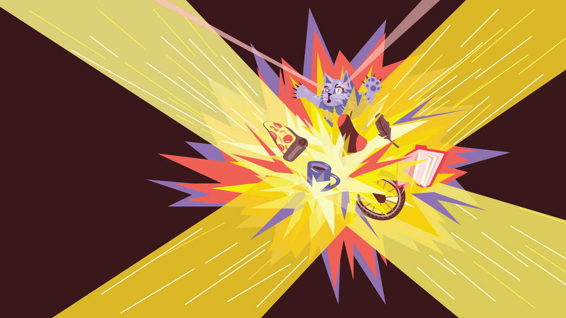 Illustration of yellow explosion of cat, pizza, bike and books
