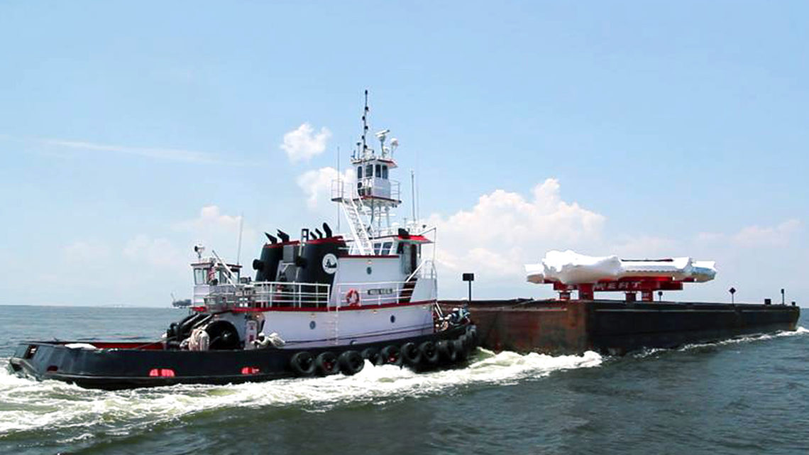 Photo of the tugboat Miss Katie pushed the Muon g-2 ring up the Tennessee-Tombigbee Waterway north of Mobile, Alabama