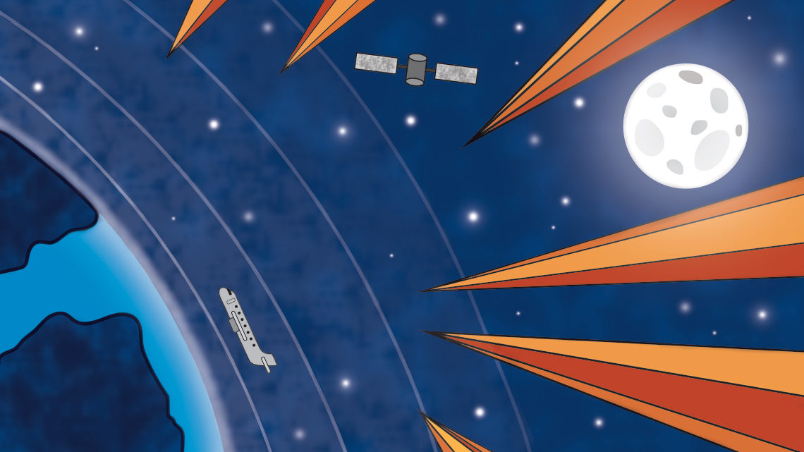 Illustration of gamma rays outside of Earth's atmosphere  with moon, satellite, and plane in image