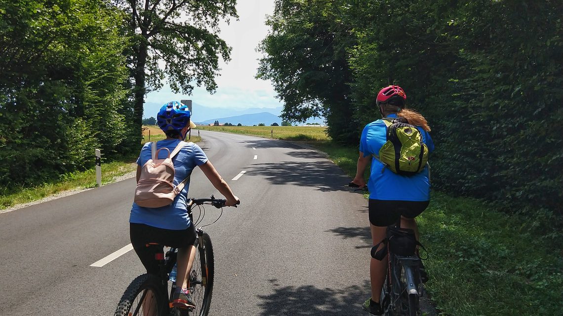 Photo of two people biking on a road surrounded by trees with a view of mountains