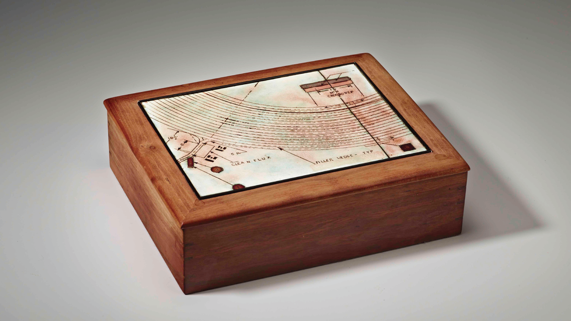 June Schwarcz, SLAC Design Box, 1989, electroplated copper and enamel, mounted in a cherry box. (Photo by M. Lee Fatherree)