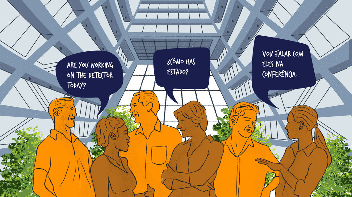 Illustration of scientists speaking English, Spanish and Portuguese in Wilson Hall at Fermilab