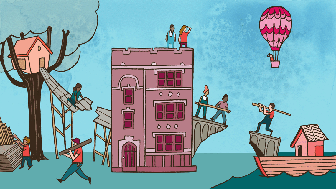 Illustration of townhouse with people on roof looking at hot air balloon breaking away, tree house, bridges, house boat