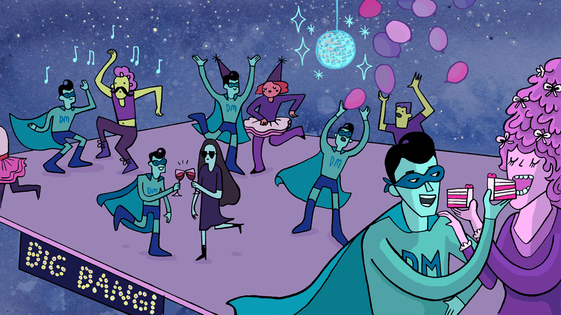 Superhero dark matter man on stage with people having a party 