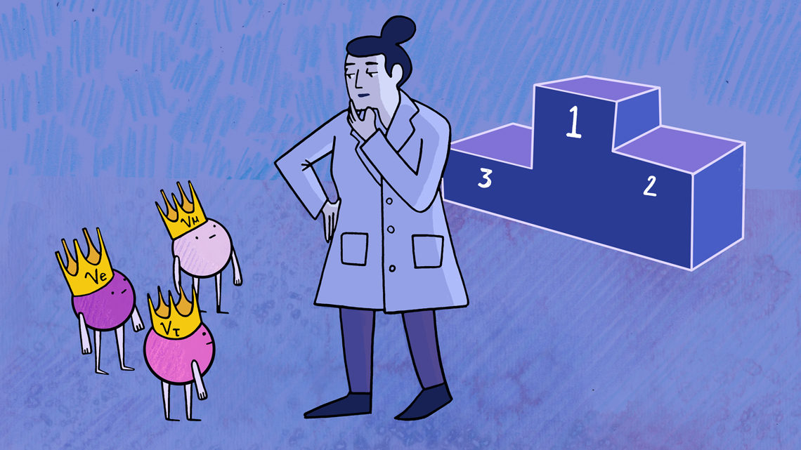 Illustration of woman in front of podium with tau, muon, and electron neutrinos (pink, dark and light purple)