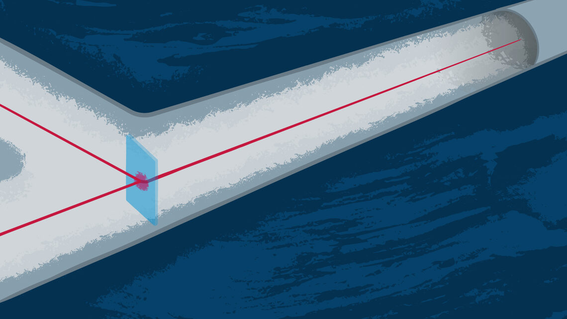 Illustration of a laser shooting a beam through a beam splitter