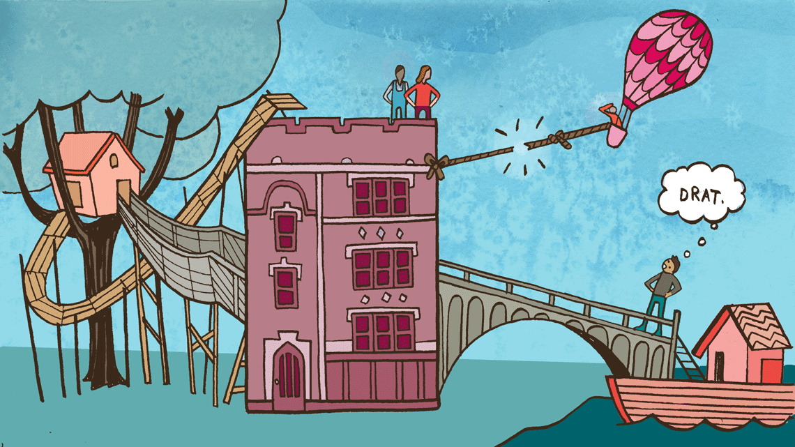 Illustration of townhouse with people on roof looking at hot air balloon breaking away, tree house, bridges, house boat