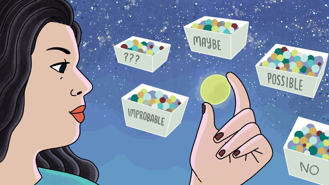 Illustration of a scientist considering particle