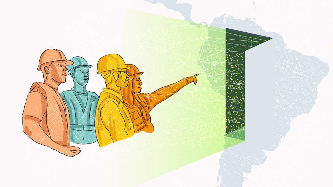 Illustration of students looking at the future working around the world