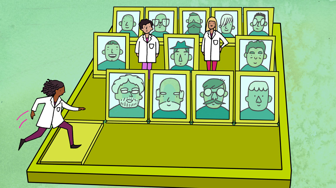 An illustration of scientists playing a life-sized picture board game