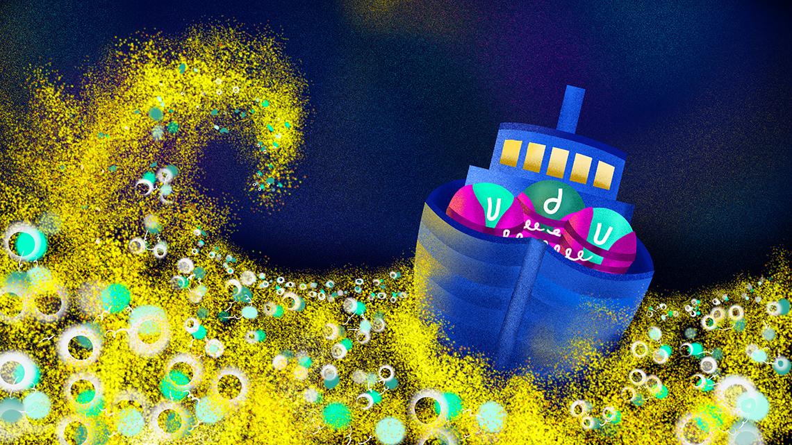 Illustration of three particles in a boat floating in a sea of quarks