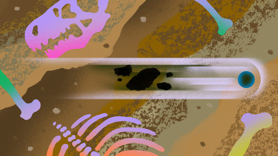 Illustration of a dark matter particle flying underground past fossilized remains