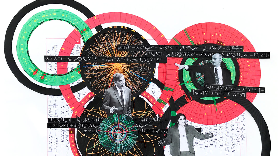 Collage of equations, Higgs Boson, ATLAS, CMS machines 
