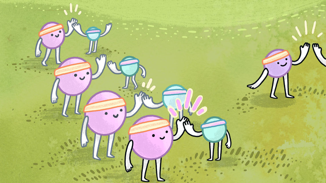 Illustration: Higgs boson high five quarks like after a soccer game, neutrino high fives someone off screen.