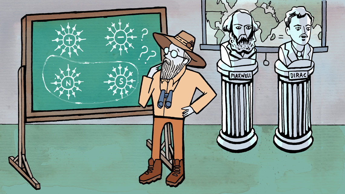 Scientist with binoculars looking at chalk board with the hunt for the truest north on it, bust of Maxwell and Dirac on right si