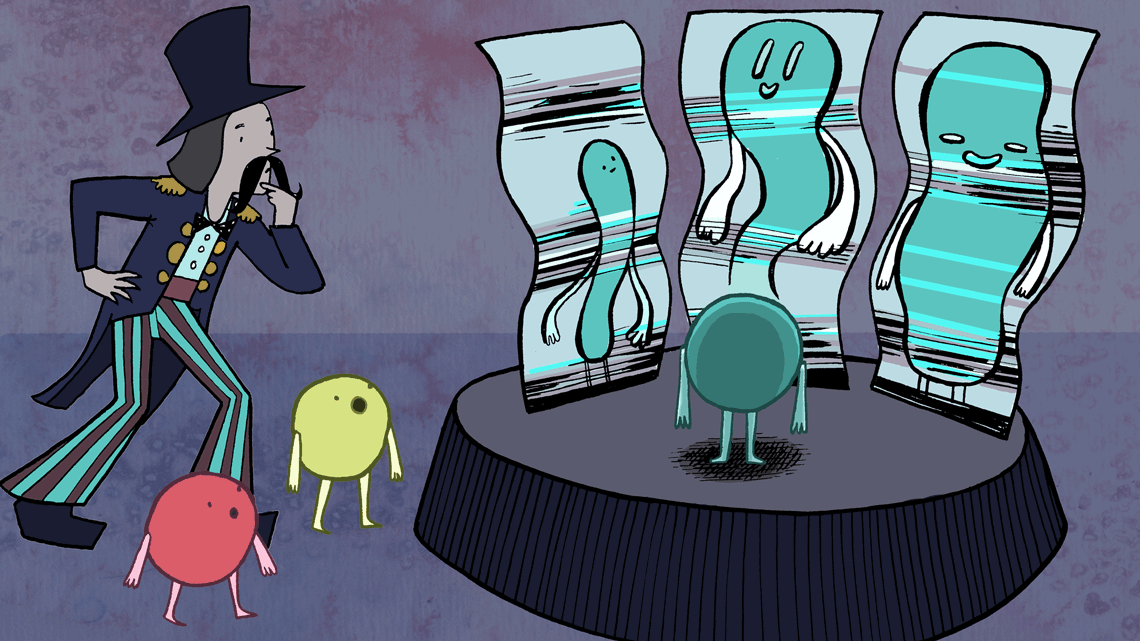 Neutrinos looking at themselves in fun house mirrors with man dressed in carnival attire
