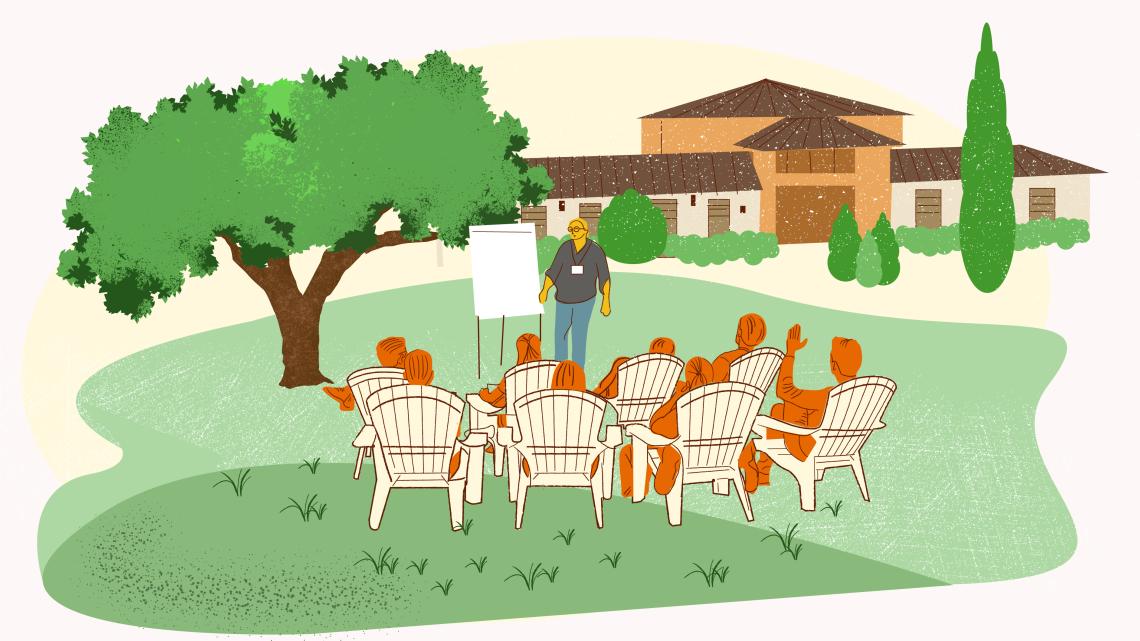 Illustration of students attending class outside