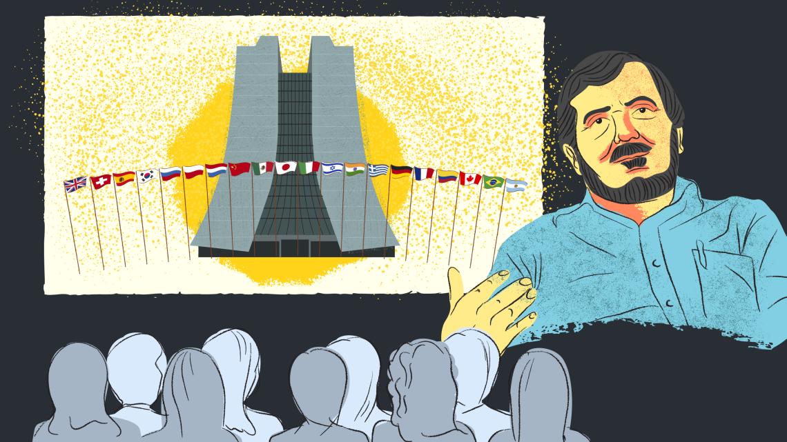 Juan Pablo Negret speaking to a crowd in front of an image of flags at Fermilab