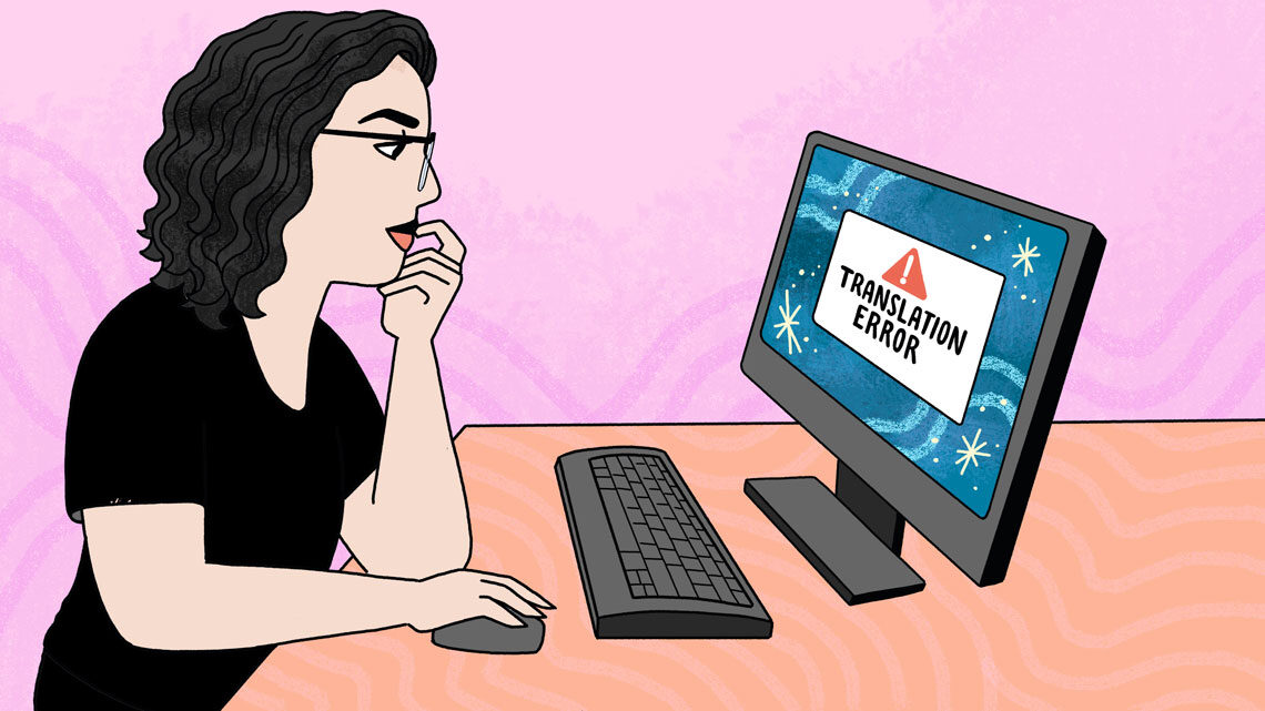 Illustration of woman seeing imaginary "translation error" while trying to write about astronomy in Spanish