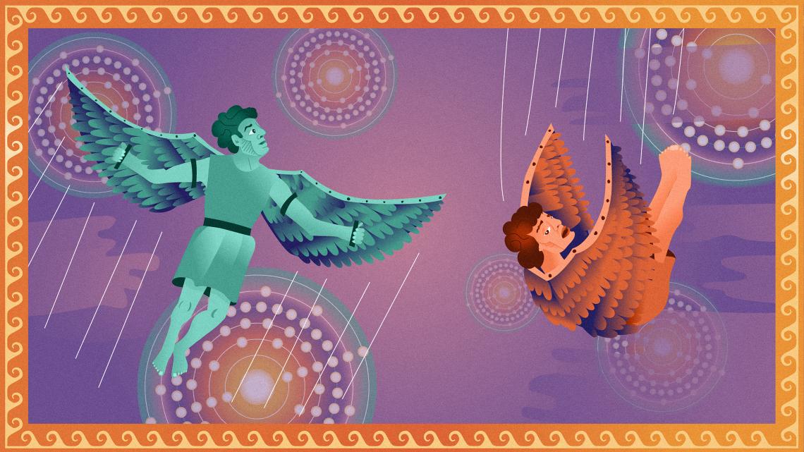 Illustration of Icarus flying and then falling